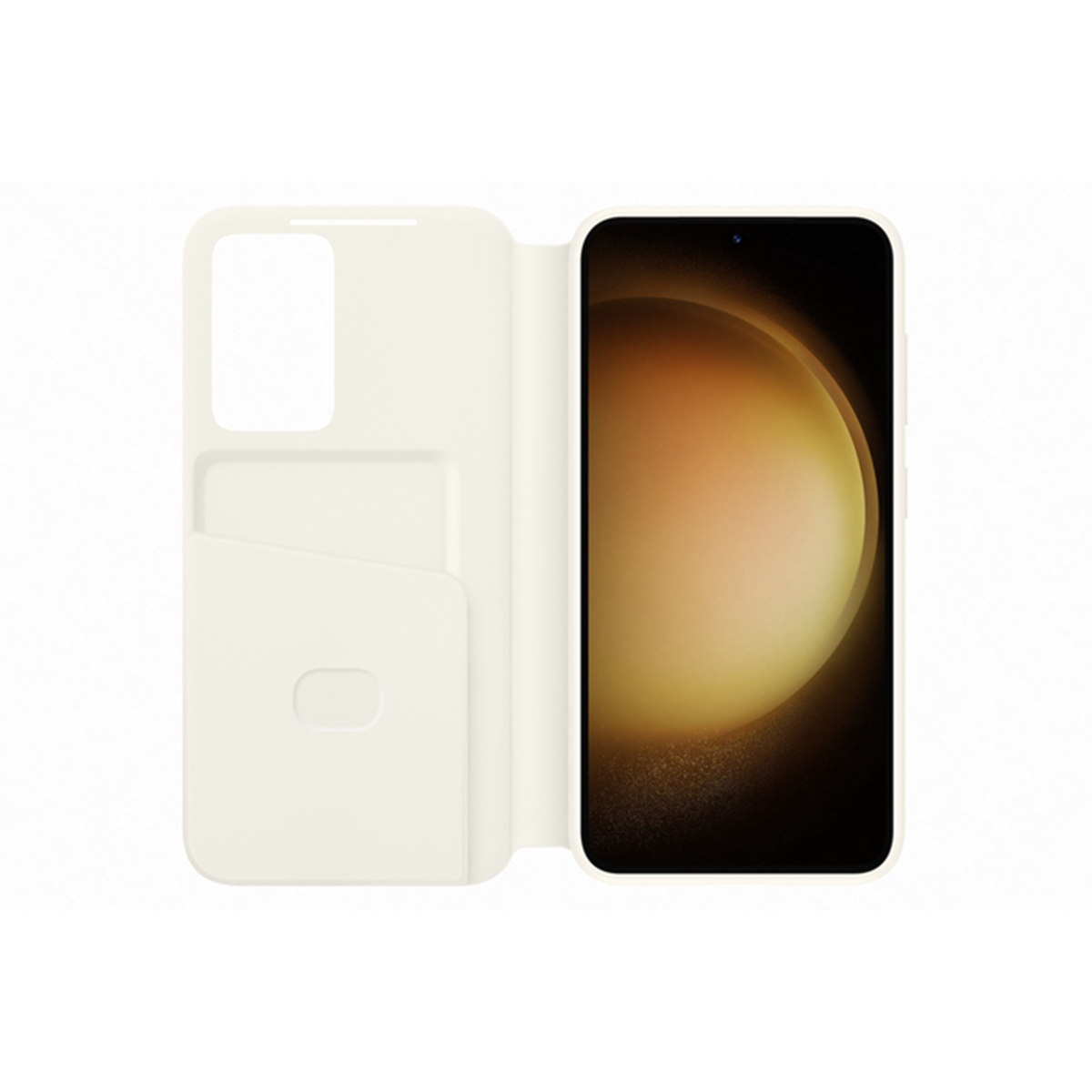 Un telefono bianco con custodia a libro aperta, schermo visibile.