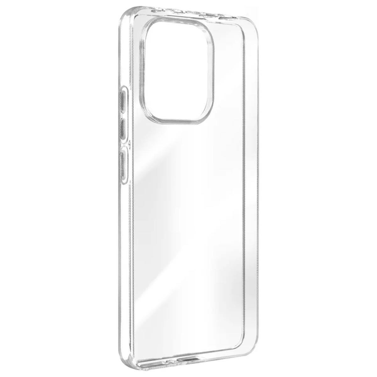 Una custodia trasparente per telefono con ritagli per fotocamera e pulsanti.