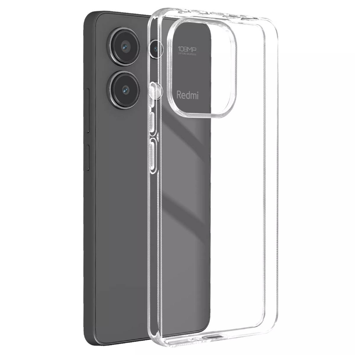Uno smartphone grigio scuro con doppia fotocamera e una cover protettiva trasparente.