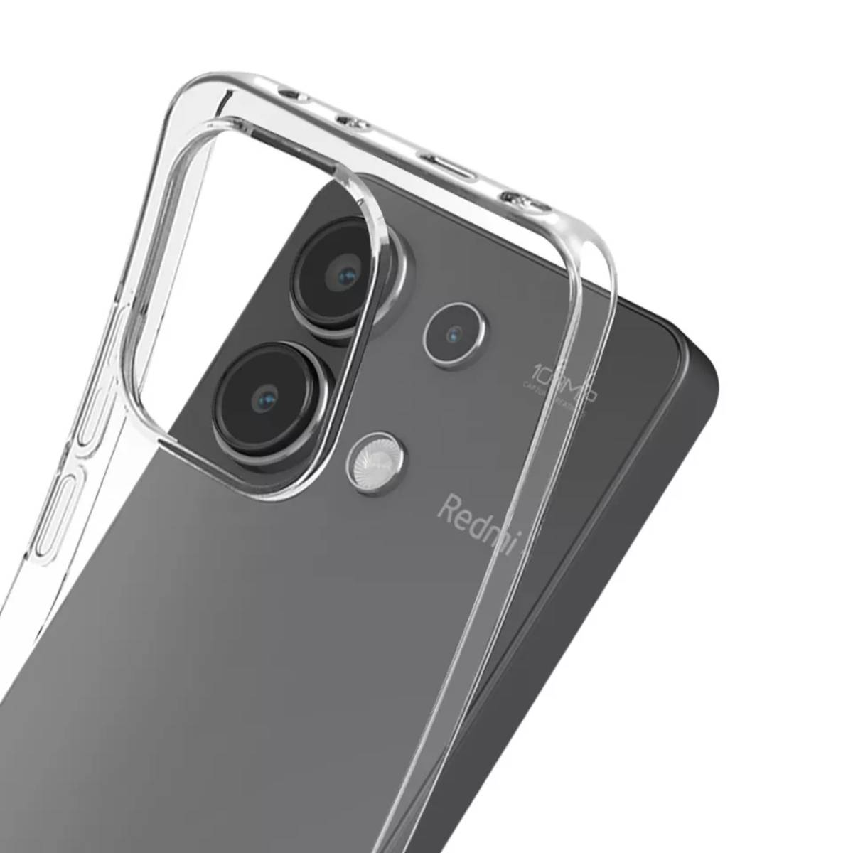 Una cover trasparente per telefono è posta sul retro di uno smartphone grigio scuro, mostrando le lenti della fotocamera.