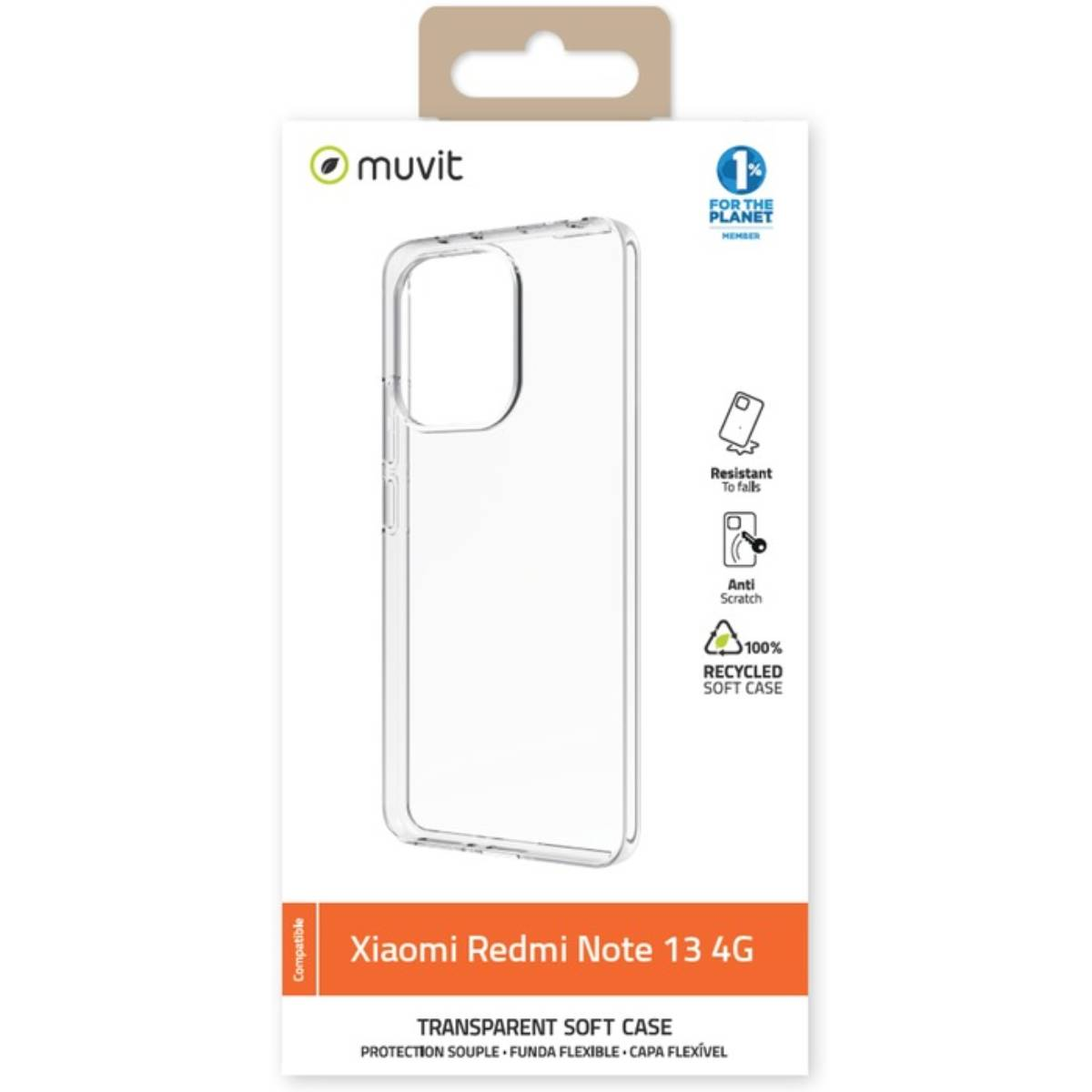 Custodia morbida trasparente Muvit per Xiaomi Redmi Note 13 4G, resistente a cadute e graffi.