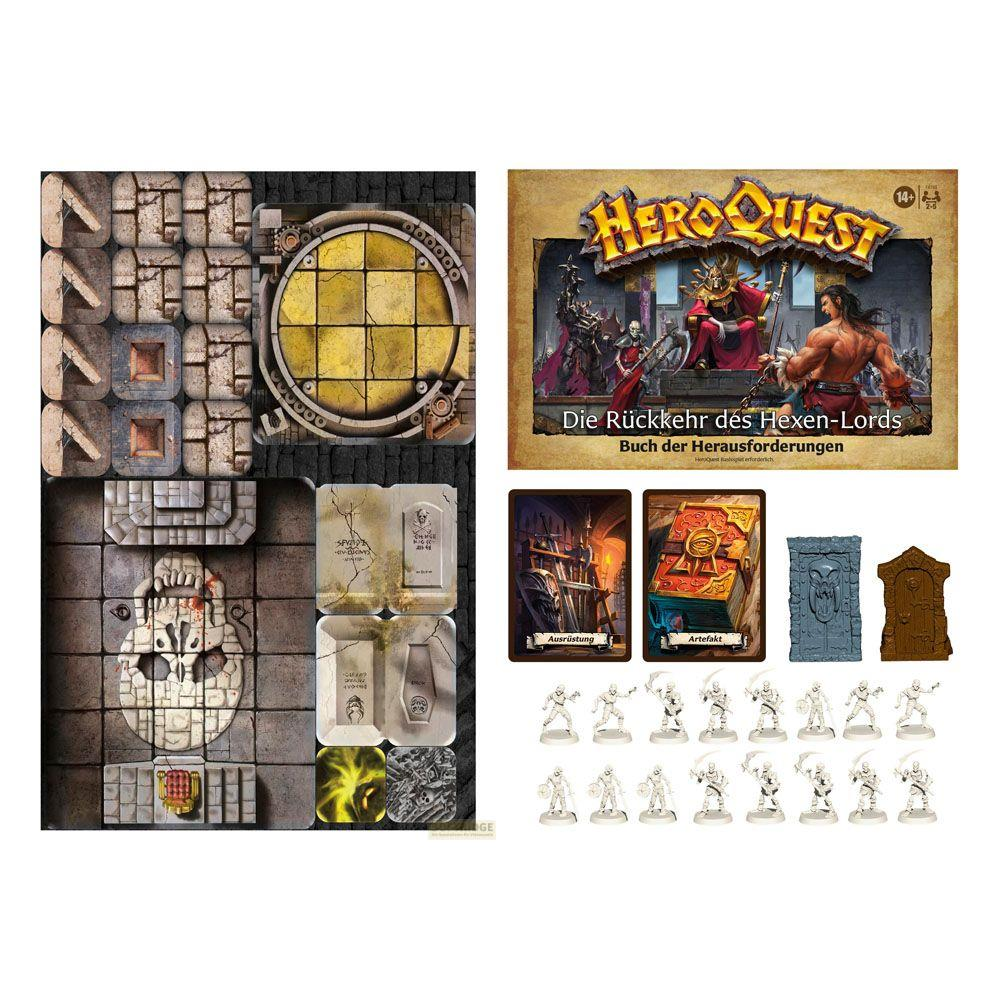 HeroQuest Brettspiel mit Dungeon-Teilen, Karten und Miniaturen.