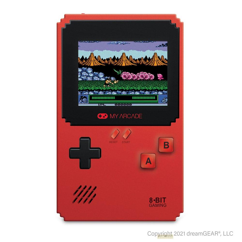 Ein rotes Retro-Handheld-Spielgerät mit Pixel-Spielbildschirm und Tasten.