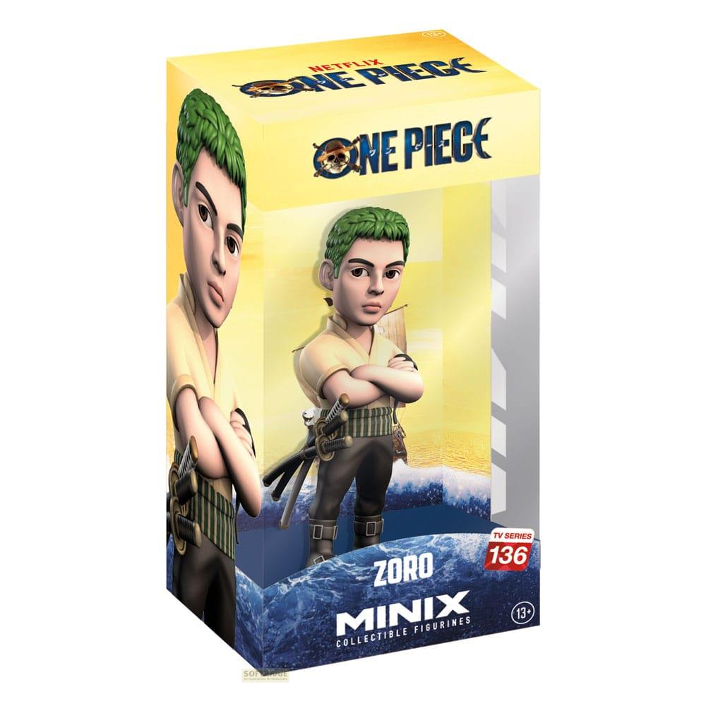 Figura coleccionable de Zoro de One Piece en caja, con marca Netflix y Minix.