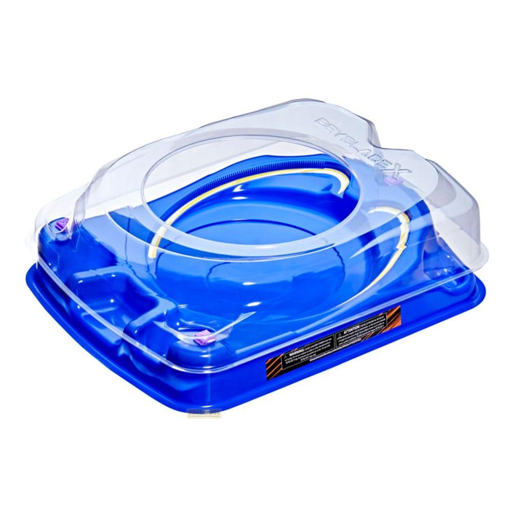 Un estadio Beyblade azul con tapa de cúpula transparente y detalles amarillos.