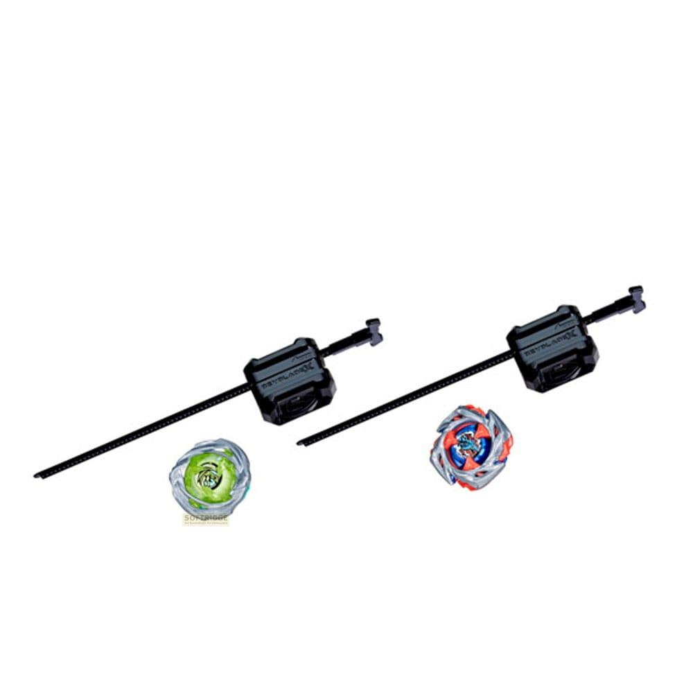 Dos lanzadores Beyblade con Beyblades adjuntas, uno verde, uno rojo y azul.