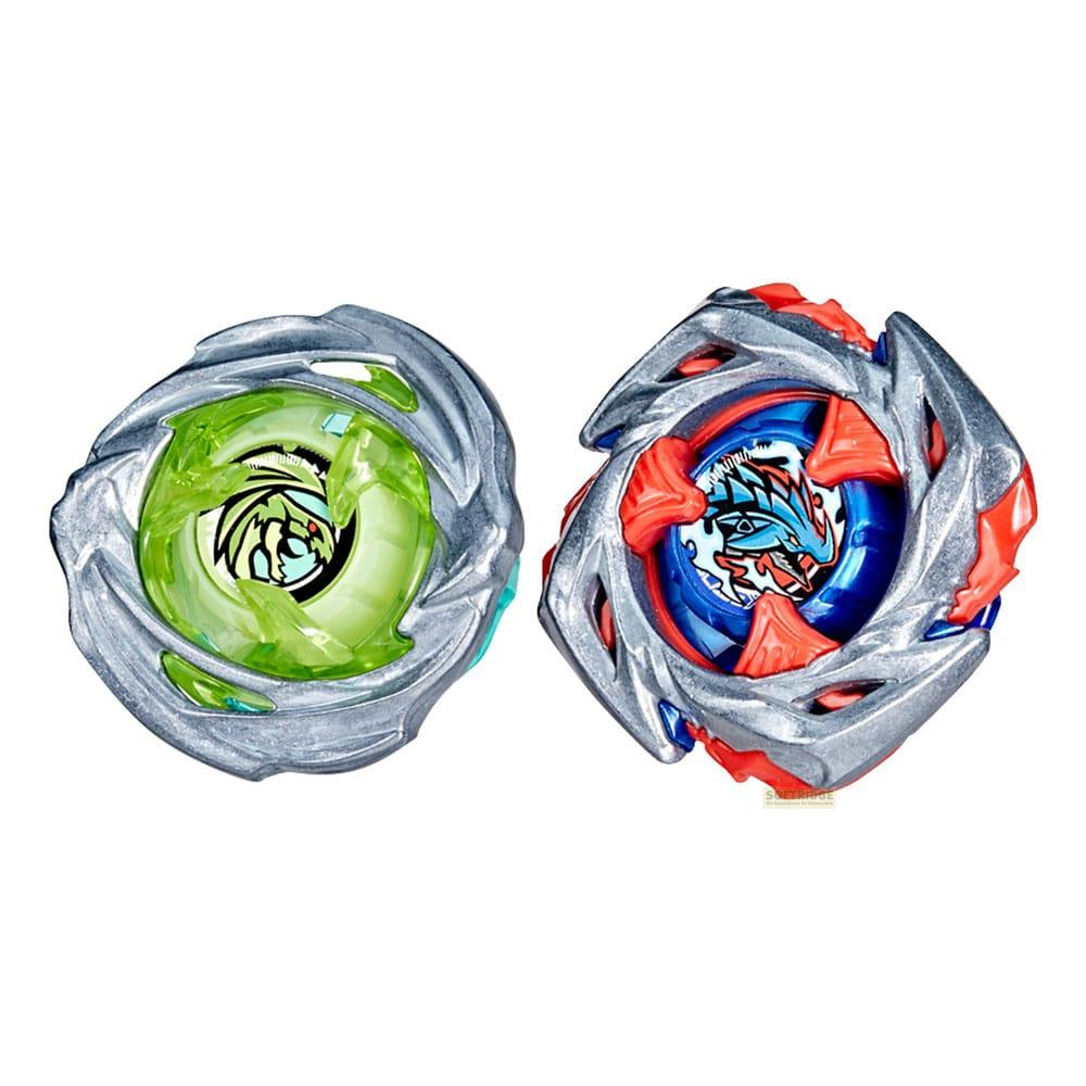 Dos peonzas, una verde con un dragón, una azul y roja con un dragón.