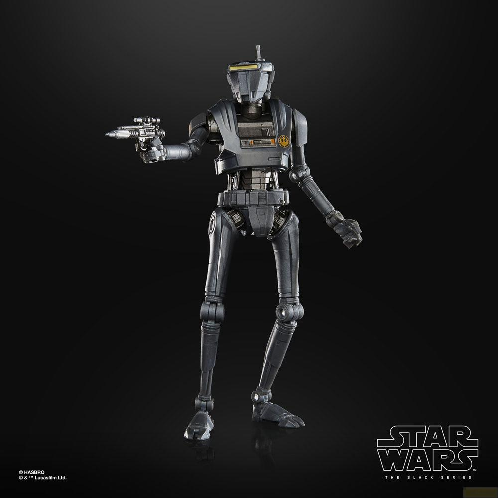 Una figura di droide articolato grigio scuro con una pistola blaster è mostrata su sfondo nero.