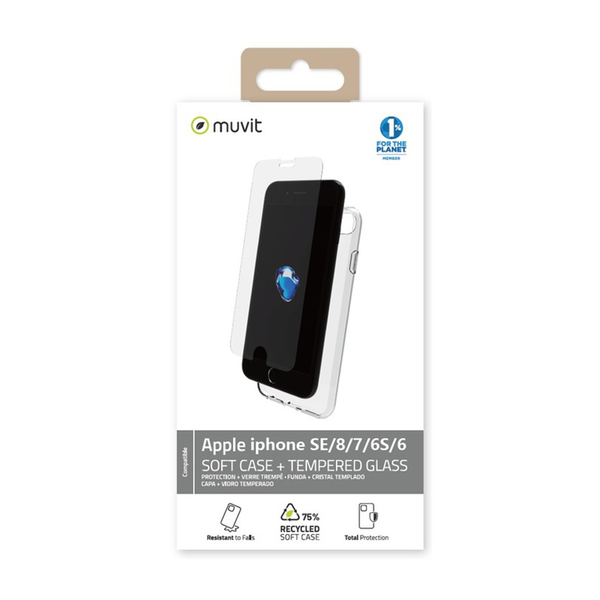 Confezione Muvit per iPhone SE/8/7/6S/6, include custodia morbida e vetro temperato.