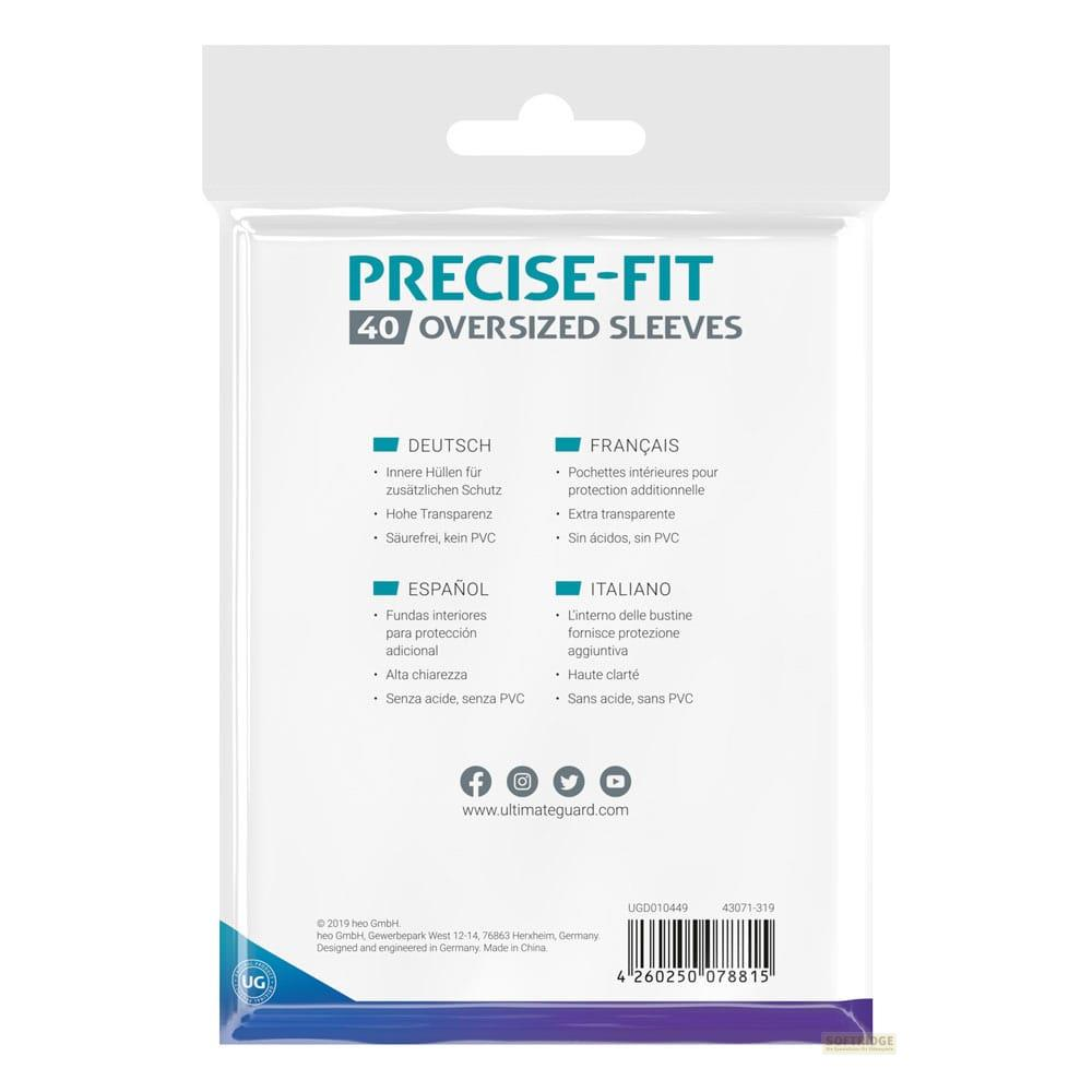 Verpackung von 40 Precise-Fit Oversized Sleeves mit Produktdetails in mehreren Sprachen.