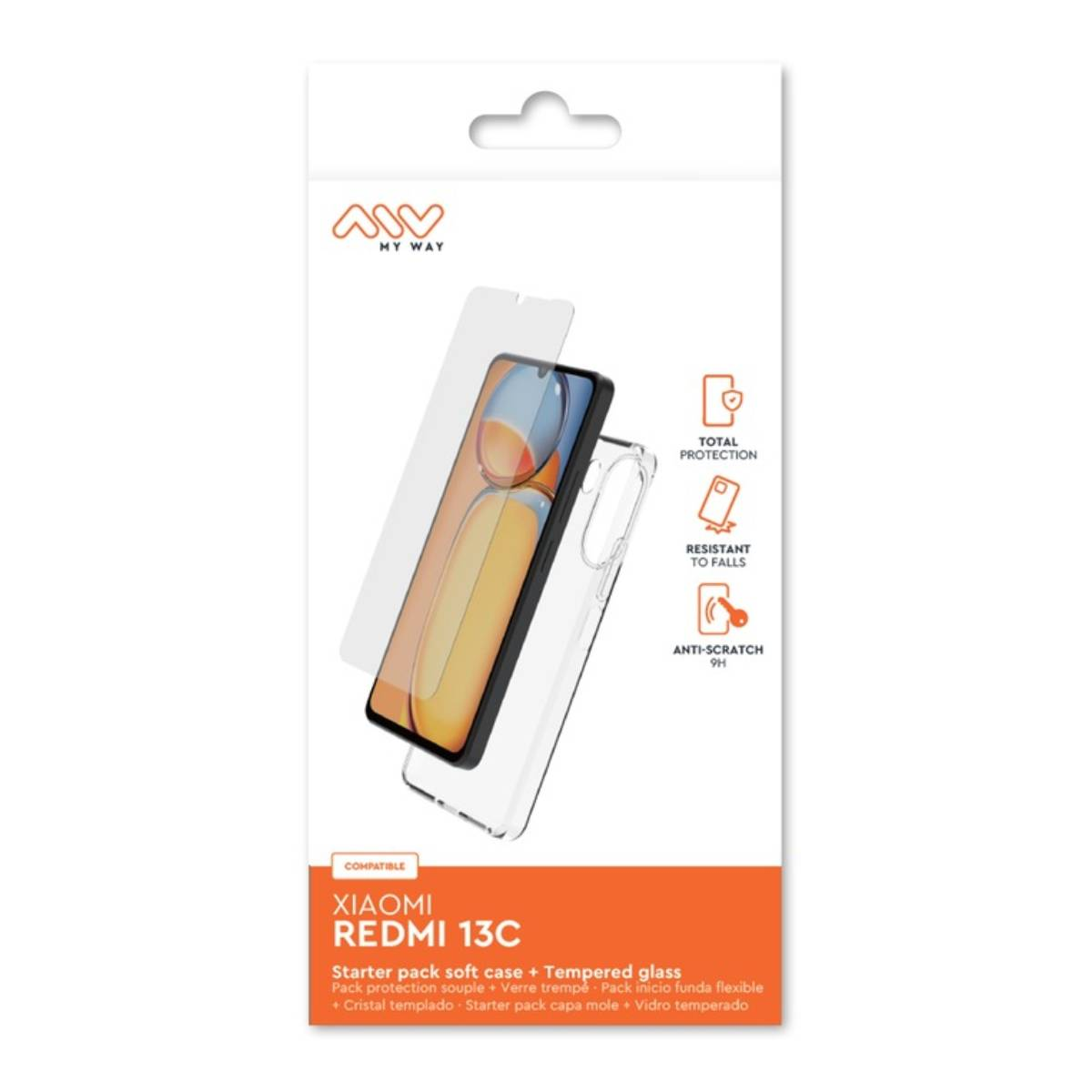 Confezione per cover morbida e proteggi schermo in vetro temperato Xiaomi Redmi 13C.