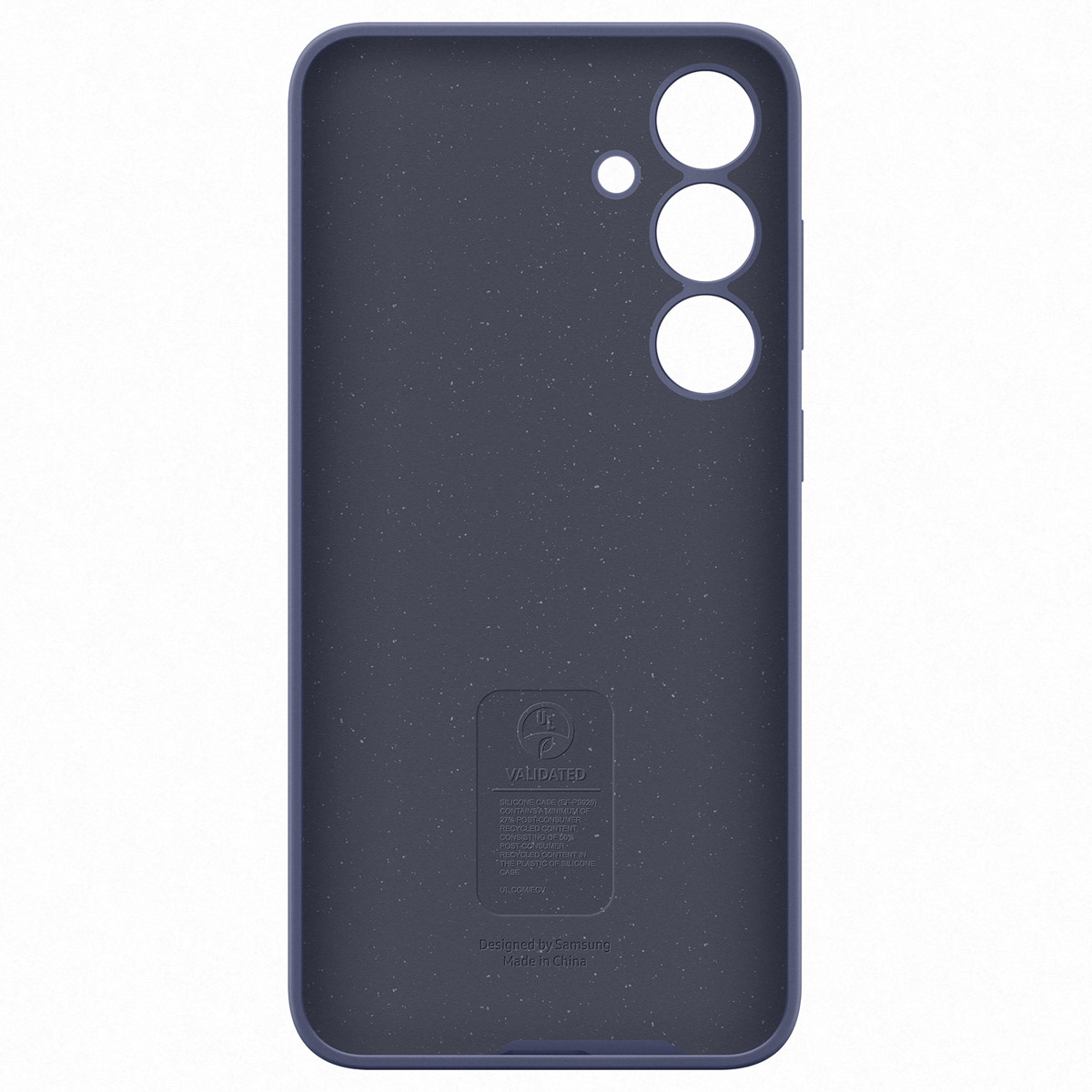 Donkerblauwe telefoonhoes met spikkels, camerauitsparingen, Samsung-logo.