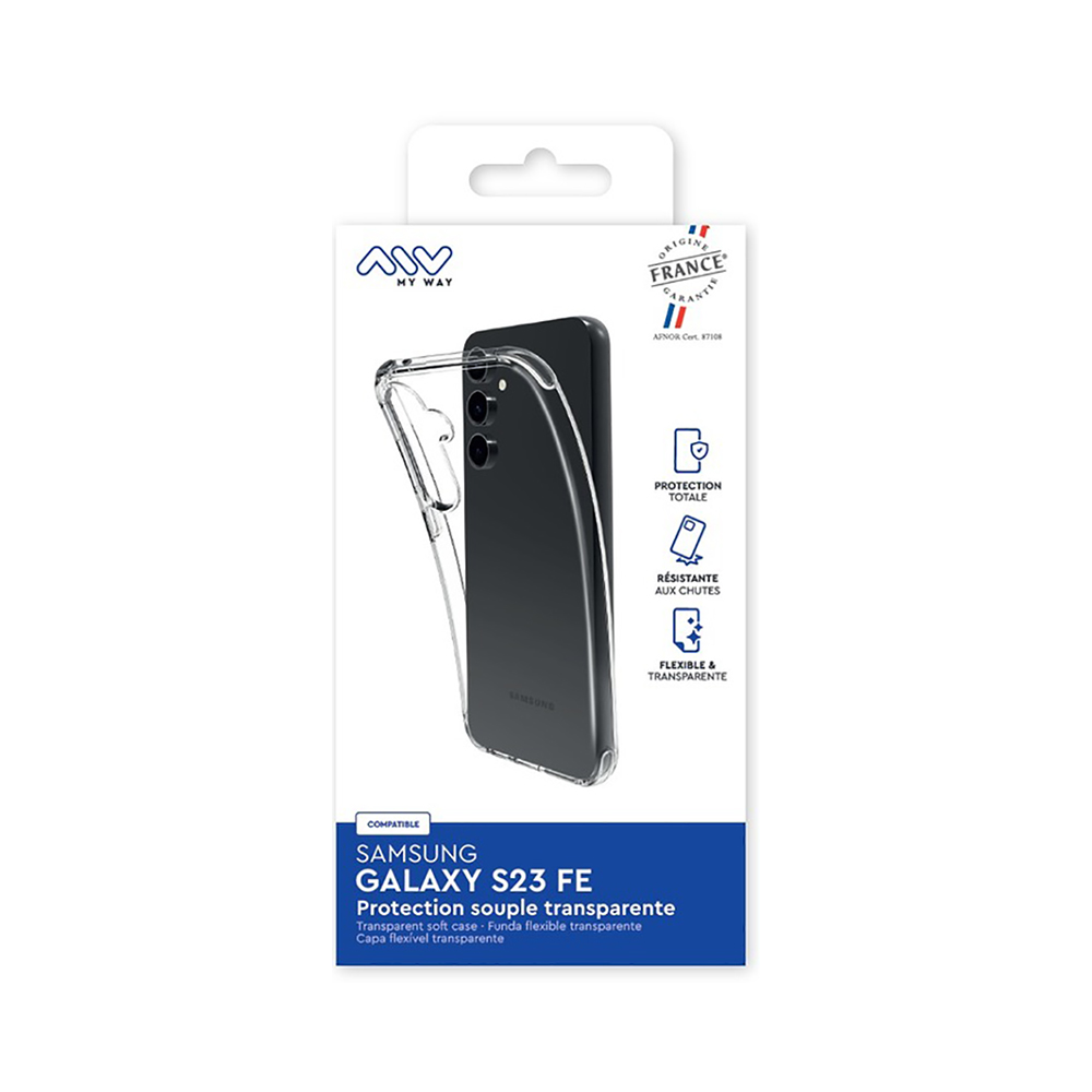 Confezione per una cover trasparente per Samsung Galaxy S23 FE.