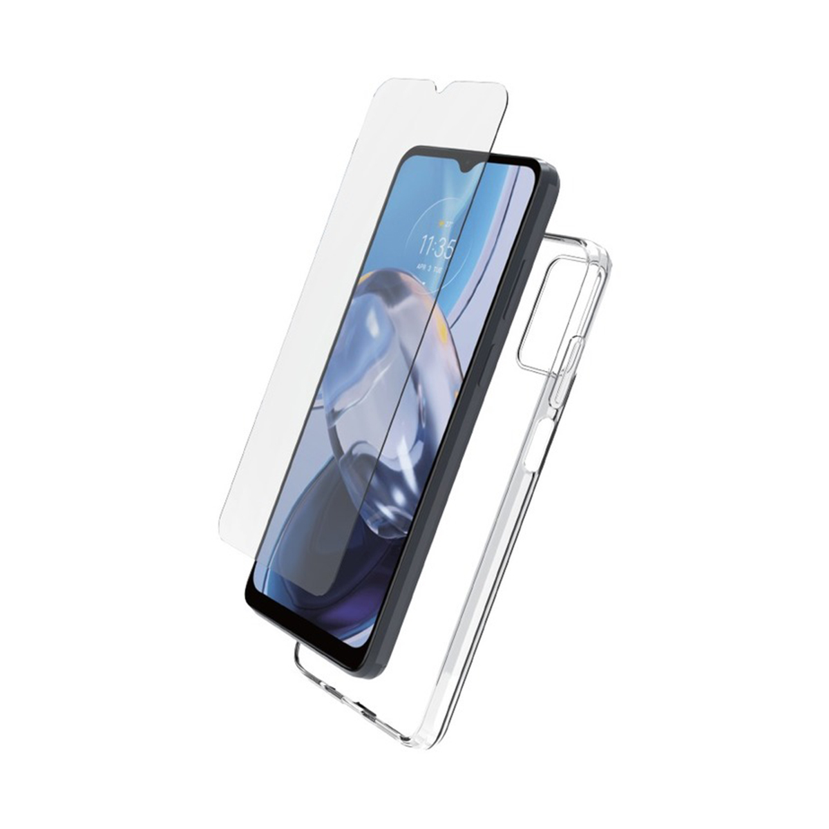 Eine durchsichtige Handyhülle und ein Displayschutz werden mit einem dunklen Smartphone gezeigt.