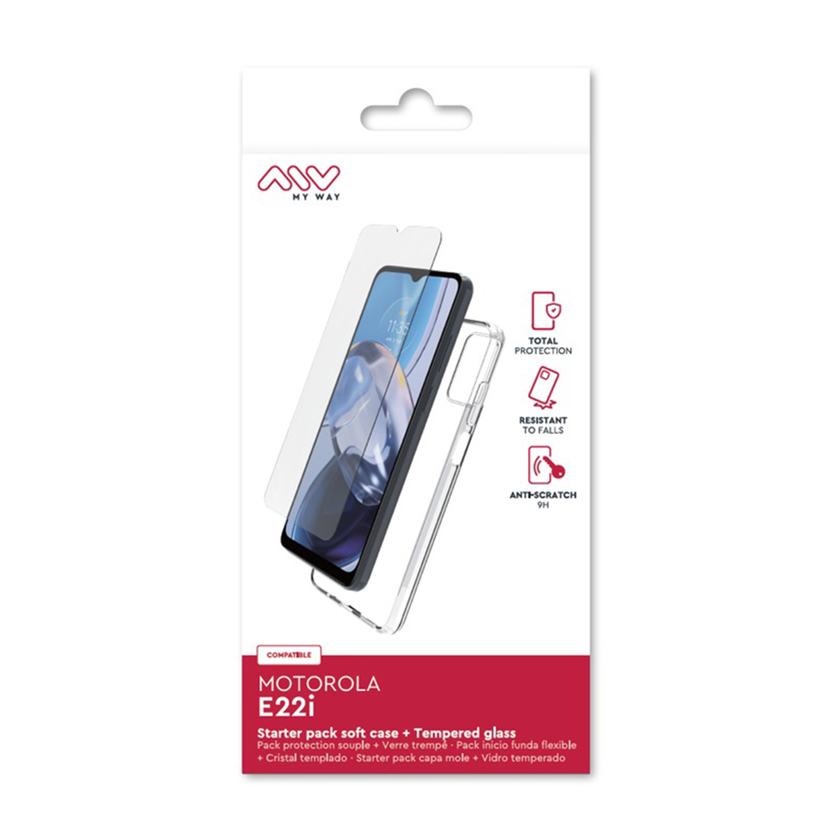 Motorola E22i Starterpack mit Soft Case und Tempered Glass Displayschutz.