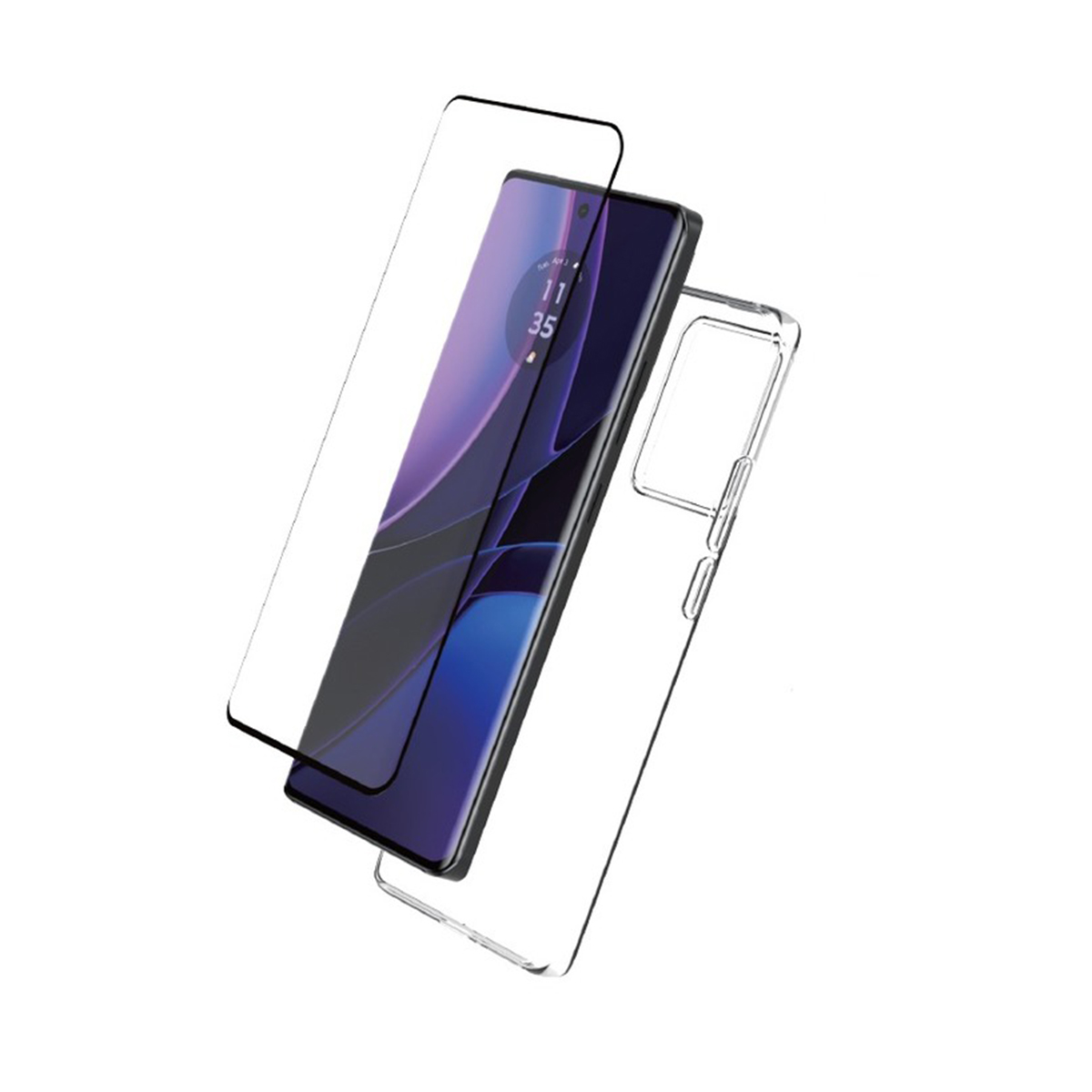 Eine durchsichtige Handyhülle und ein Displayschutz sind neben einem Smartphone zu sehen.