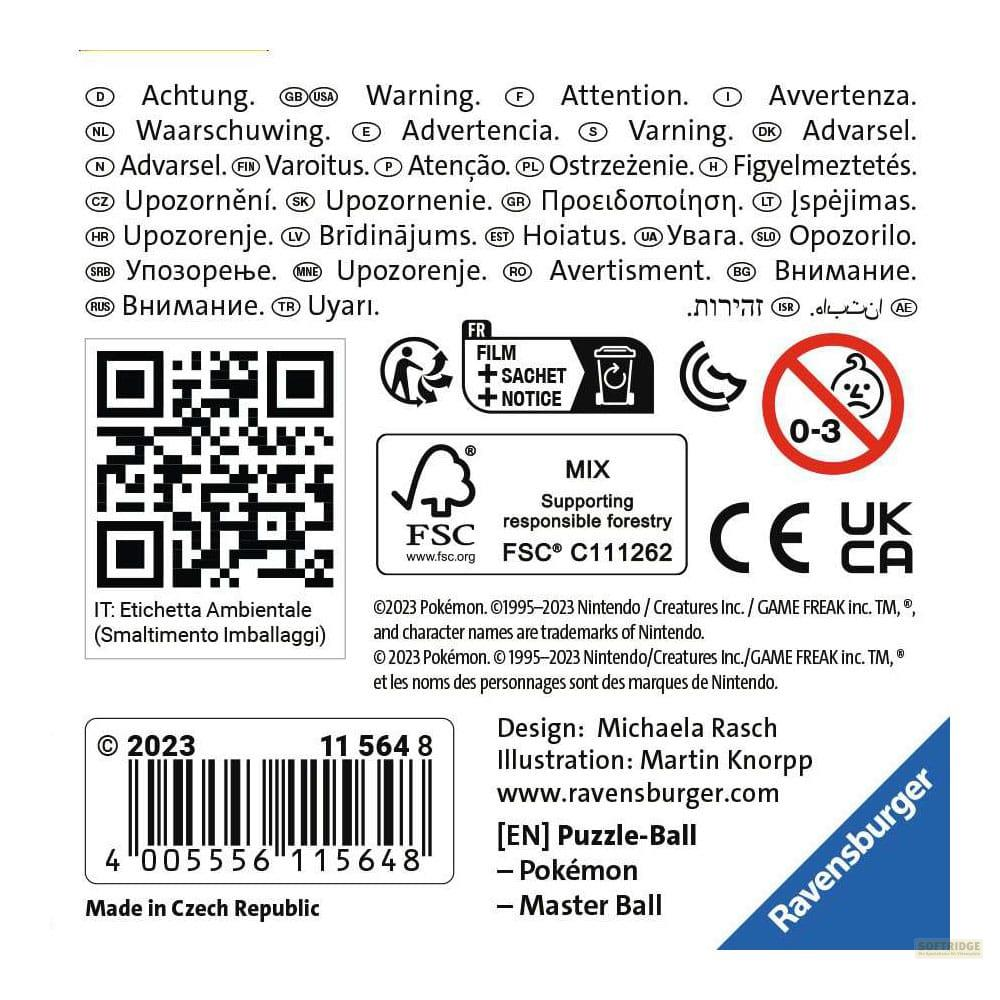 Wielojęzyczny tekst ostrzegawczy, kod QR, logo FSC, oznaczenia CE i UKCA.