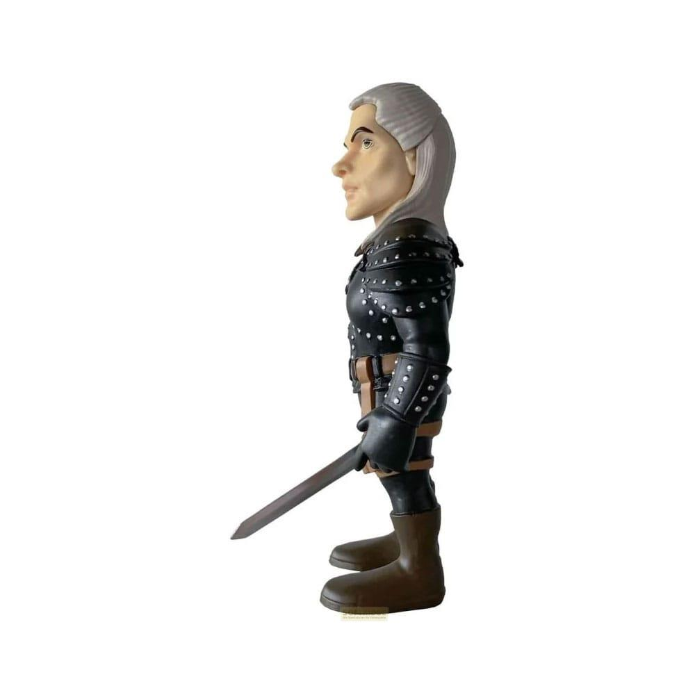 Eine stilisierte Figur von Geralt von Riva, ein weißhaariger Mann in schwarzer Rüstung mit einem Schwert.