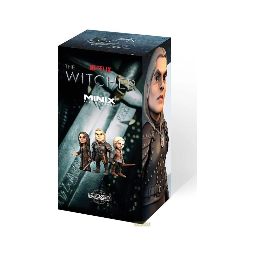 Die Witcher Minix Sammelfiguren-Box zeigt drei Figuren und Charakterkunst.
