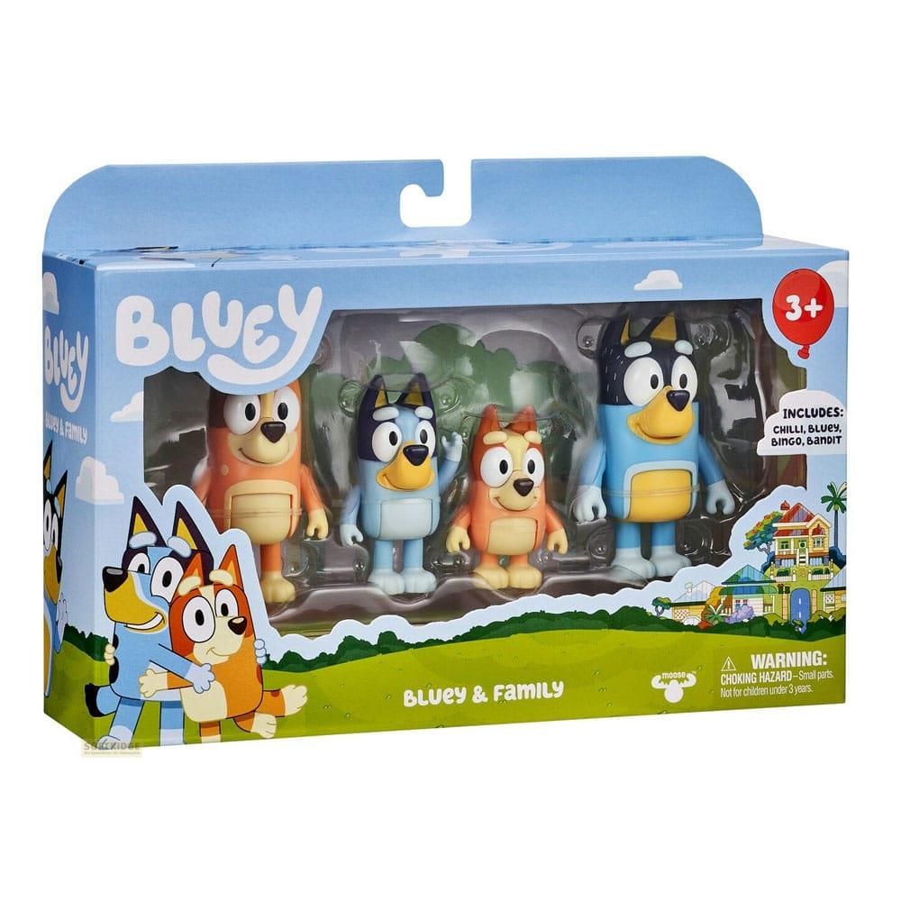 Emballage de jouet Bluey & Family avec quatre figurines de chien : Bluey, Bingo, Chilli et Bandit.