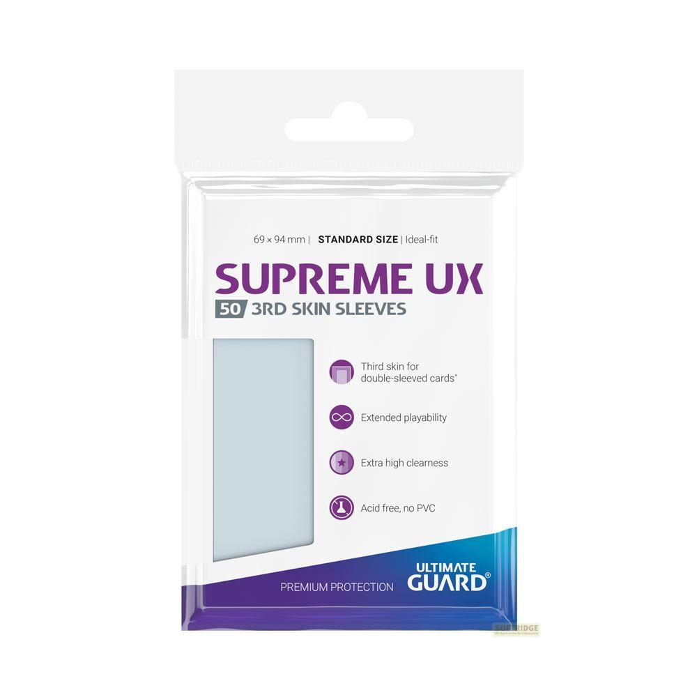 Verpackung mit 50 Ultimate Guard Supreme UX 3rd Skin Sleeves, 69x94mm, Standardgröße.