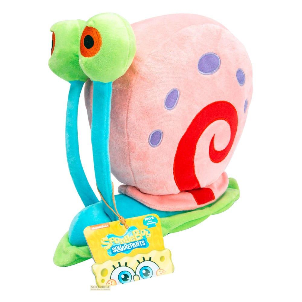 Una Gary la lumaca di peluche rosa di Spongebob con occhi verdi e antenne blu.