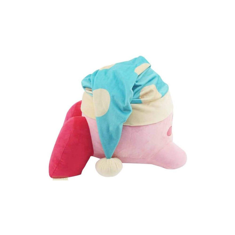 Rosa Kirby Plüschtier mit blauer Polka-Dot-Schlafmütze und cremefarbener Bommel.