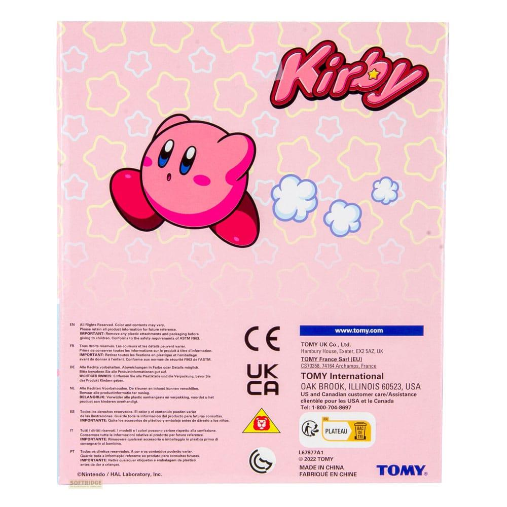 Un personnage rose de Kirby sur fond rose pâle avec étoiles et nuages.