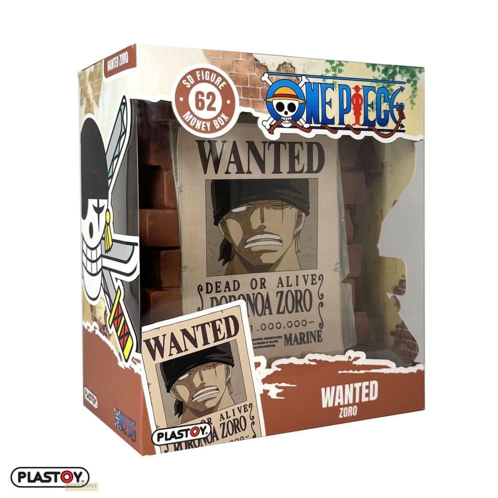 Caja de dinero de póster Wanted de Zoro de One Piece, figura 62. Incluye arte detallado del personaje.