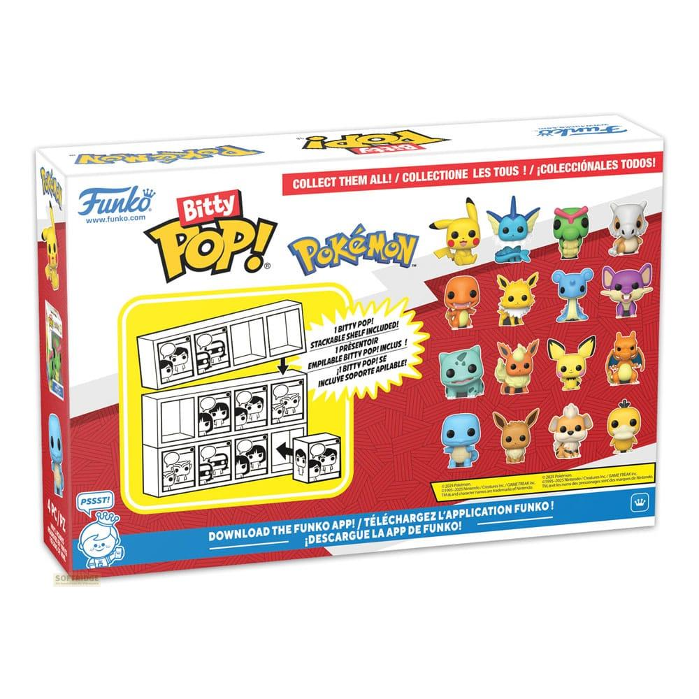 Verpackung von Funko Bitty Pop! Pokémon mit mehreren Figuren und einem Regal.