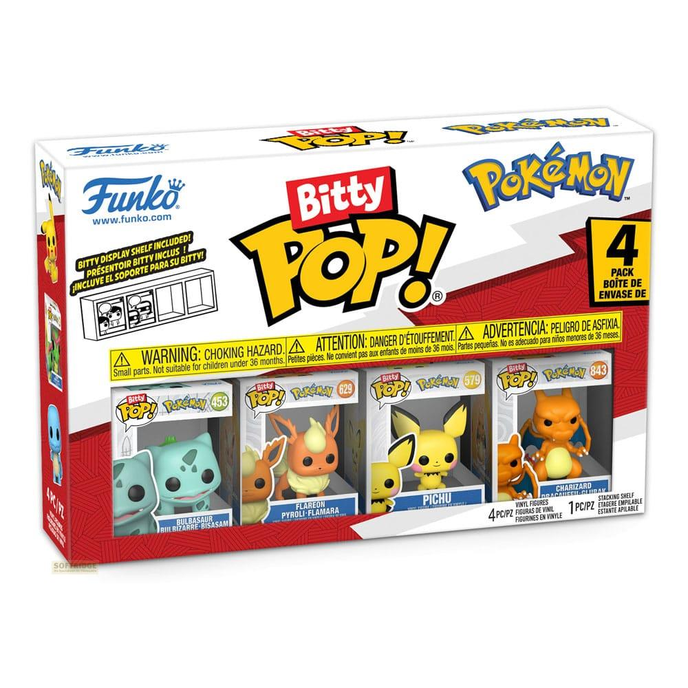 Funko Bitty Pop! Pokémon-Set mit 4 Figuren: Bulbasaur, Flareon, Pichu und Charizard.