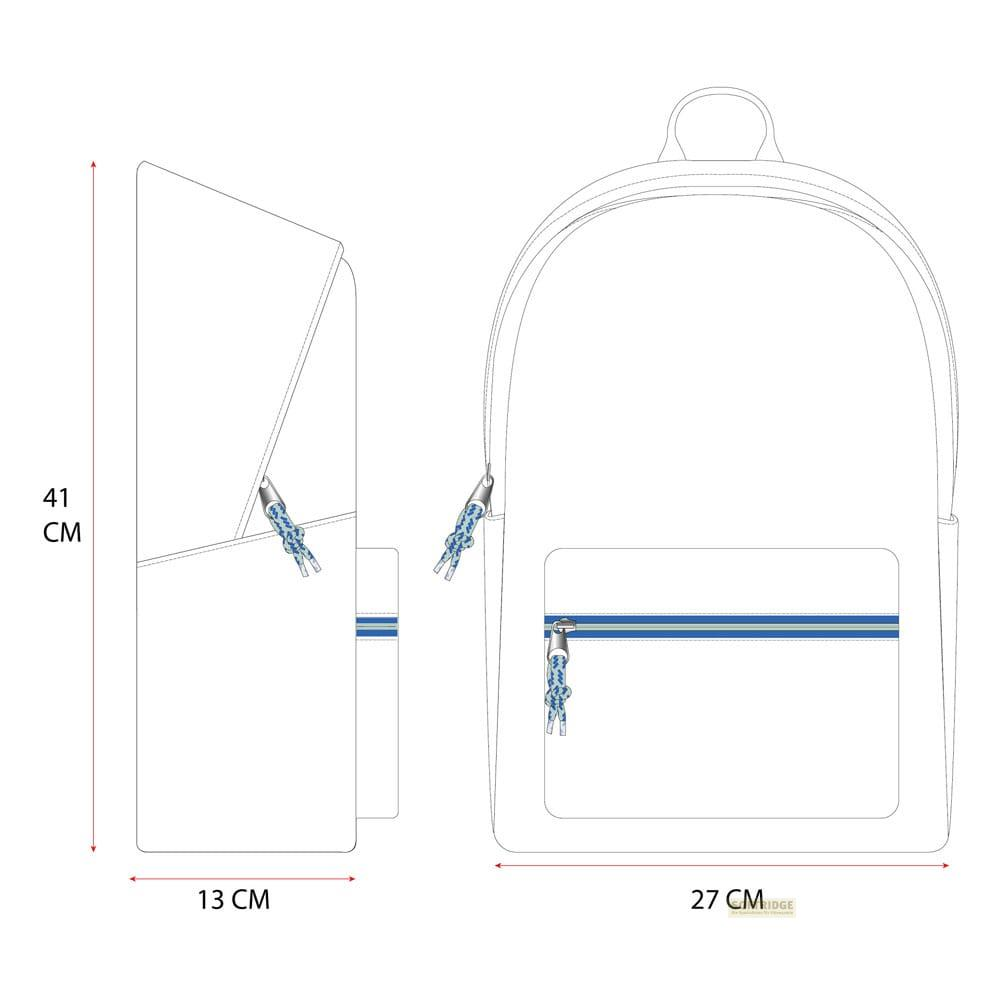 Zeichnung eines weißen Rucksacks mit blauen Akzenten. Maße: 41cm H, 13cm T, 27cm B.