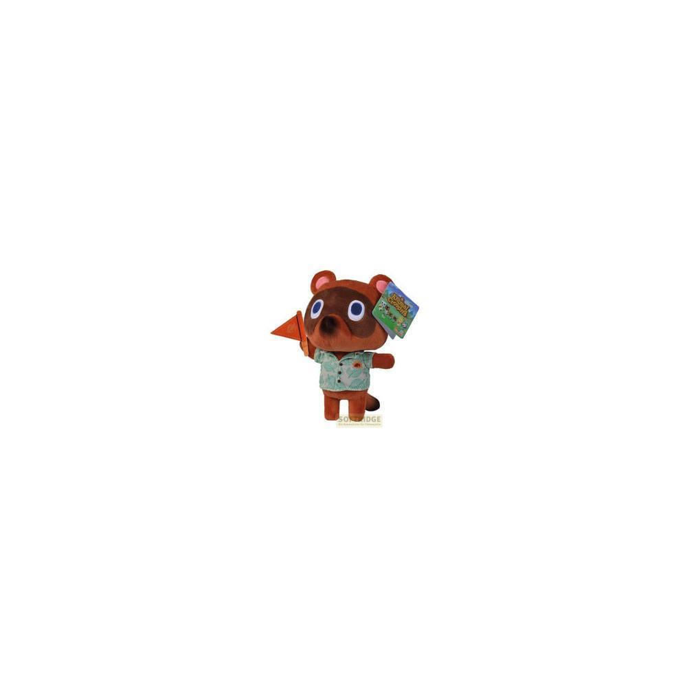 Stofftier von Tom Nook aus Animal Crossing mit einer orangefarbenen Flagge und einem blauen Hemd.