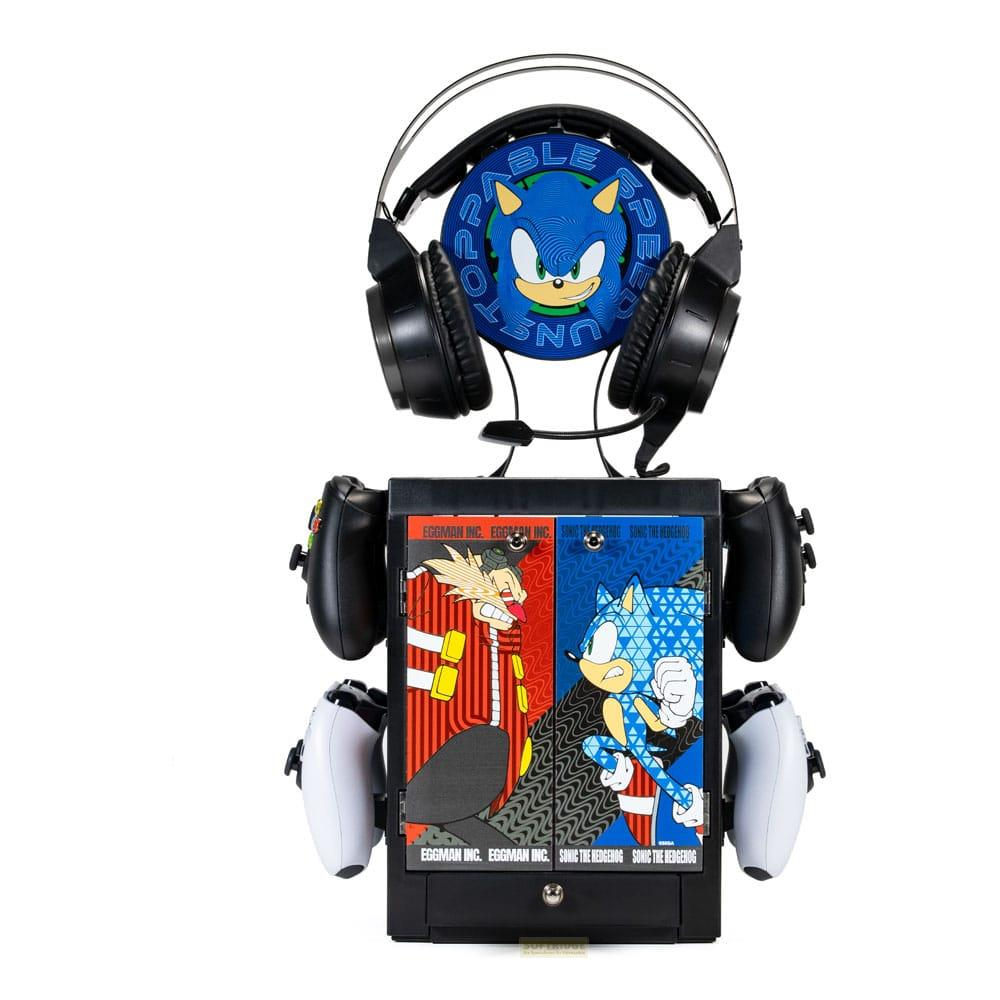 Supporto per cuffie Sonic the Hedgehog con controller. Presenta opere d'arte di Sonic ed Eggman.