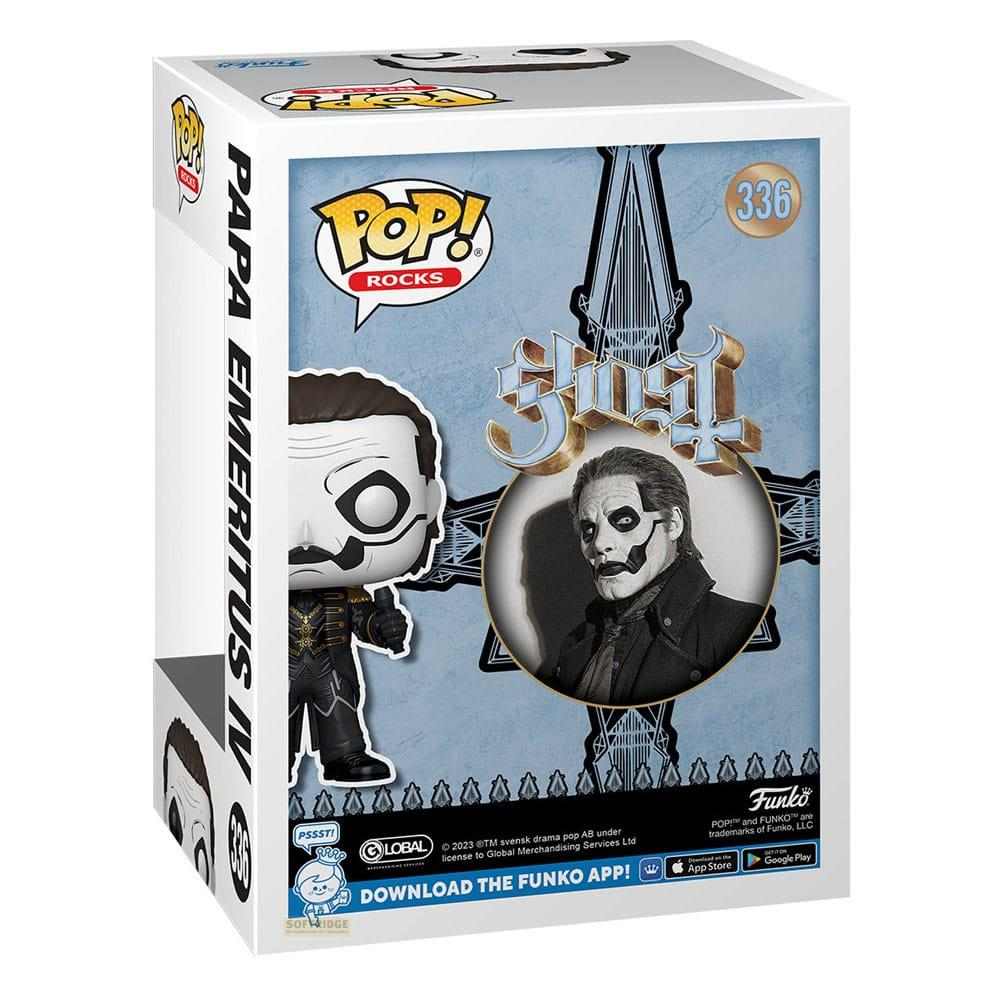 Caja Funko Pop! Rocks presenta figura Papa Emeritus IV y logo banda.