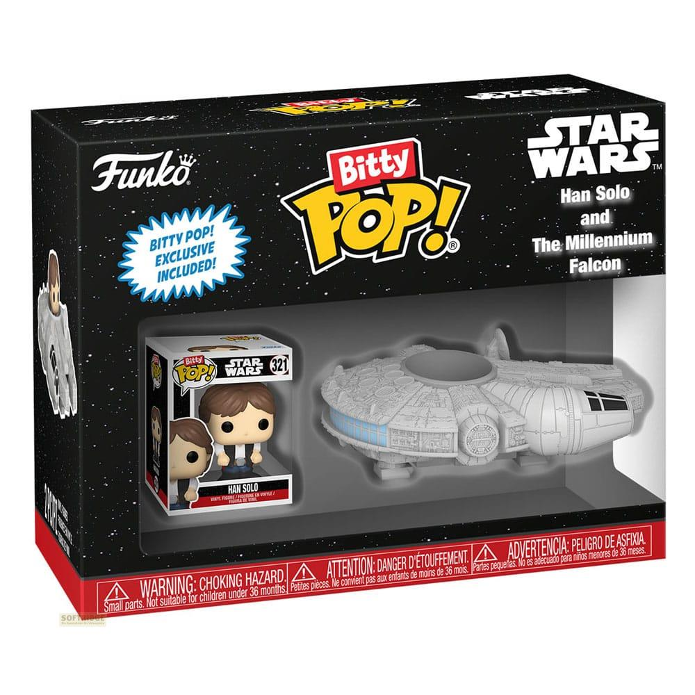 Scatola Funko Star Wars Bitty Pop! con figure di Han Solo e del Millennium Falcon.