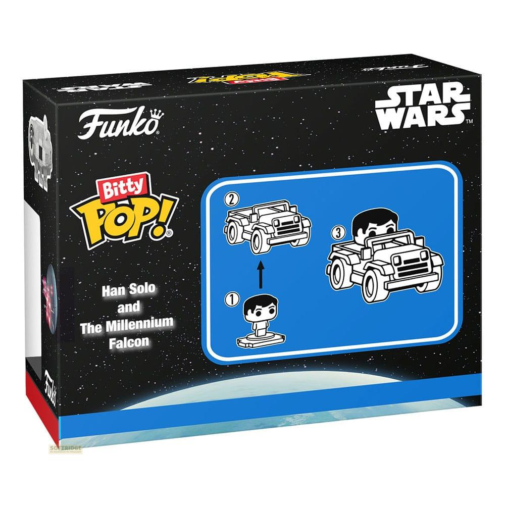 Scatola Funko Bitty Pop di Star Wars con istruzioni di montaggio Han Solo e Millennium Falcon.