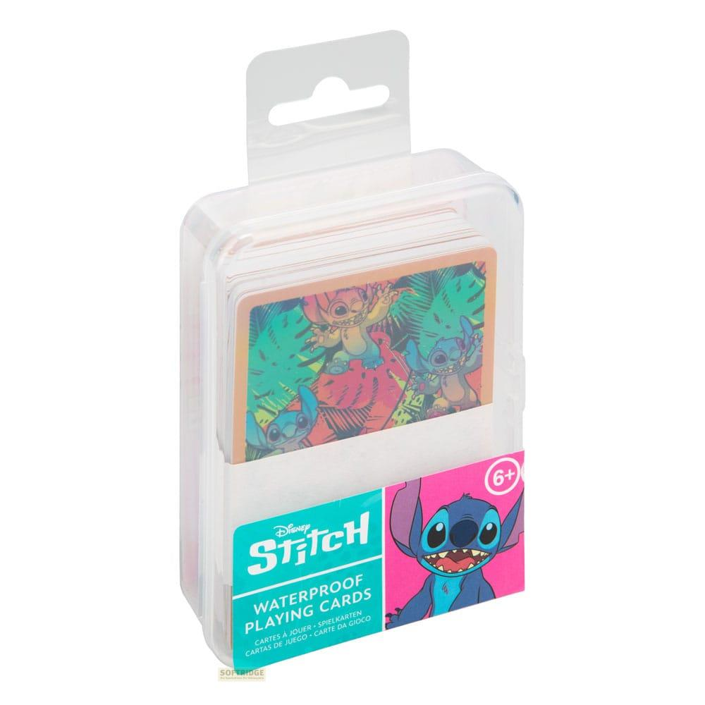 Wodoodporne karty do gry Disney Stitch w przezroczystym plastikowym etui z kolorowymi rewersami.
