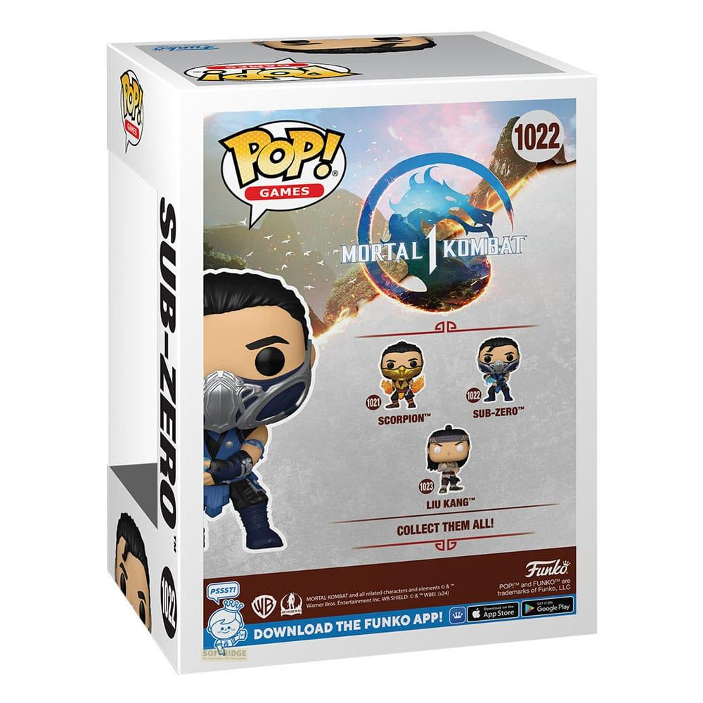 Scatola Funko Pop di Sub-Zero da Mortal Kombat, con 3 figure: Scorpion, Sub-Zero e Liu Kang.