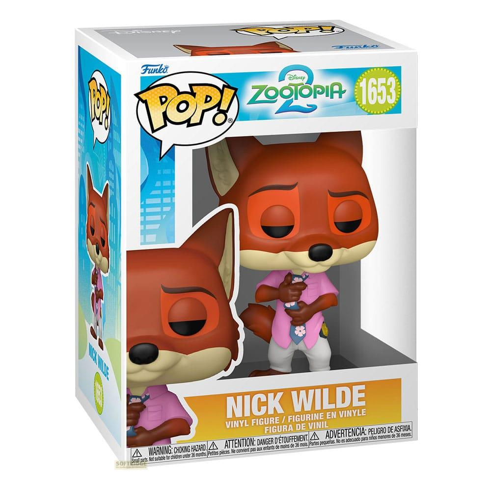 Figura Funko Pop! Nick Wilde de Zootopia en su caja con advertencias.