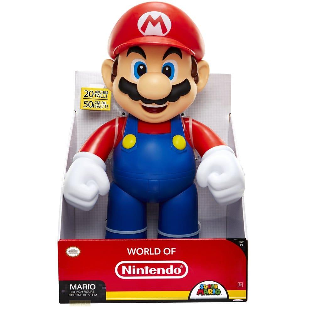 20-calowa figurka Super Mario w opakowaniu Nintendo, przedstawiająca Mario w jego kultowej czerwonej czapce i niebieskich ogrodniczkach.