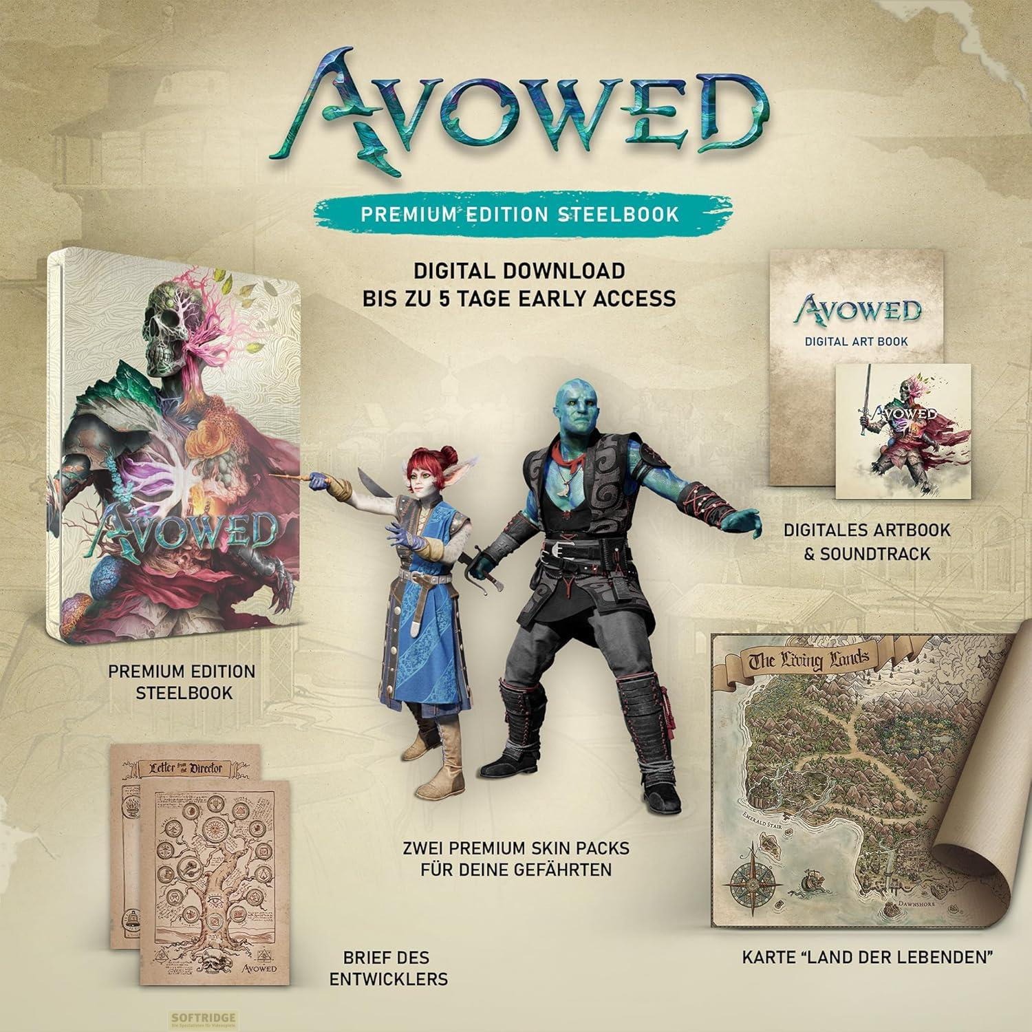 Avowed Premium Edition Steelbook z figurkami, artbookiem, mapą i listem od dewelopera.