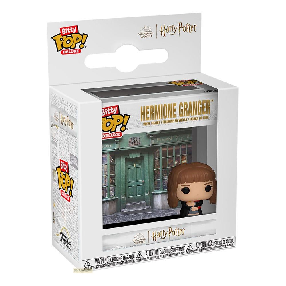Caja Funko Pop Deluxe de Harry Potter con figura de Hermione Granger frente a la tienda Flourish and Blotts.
