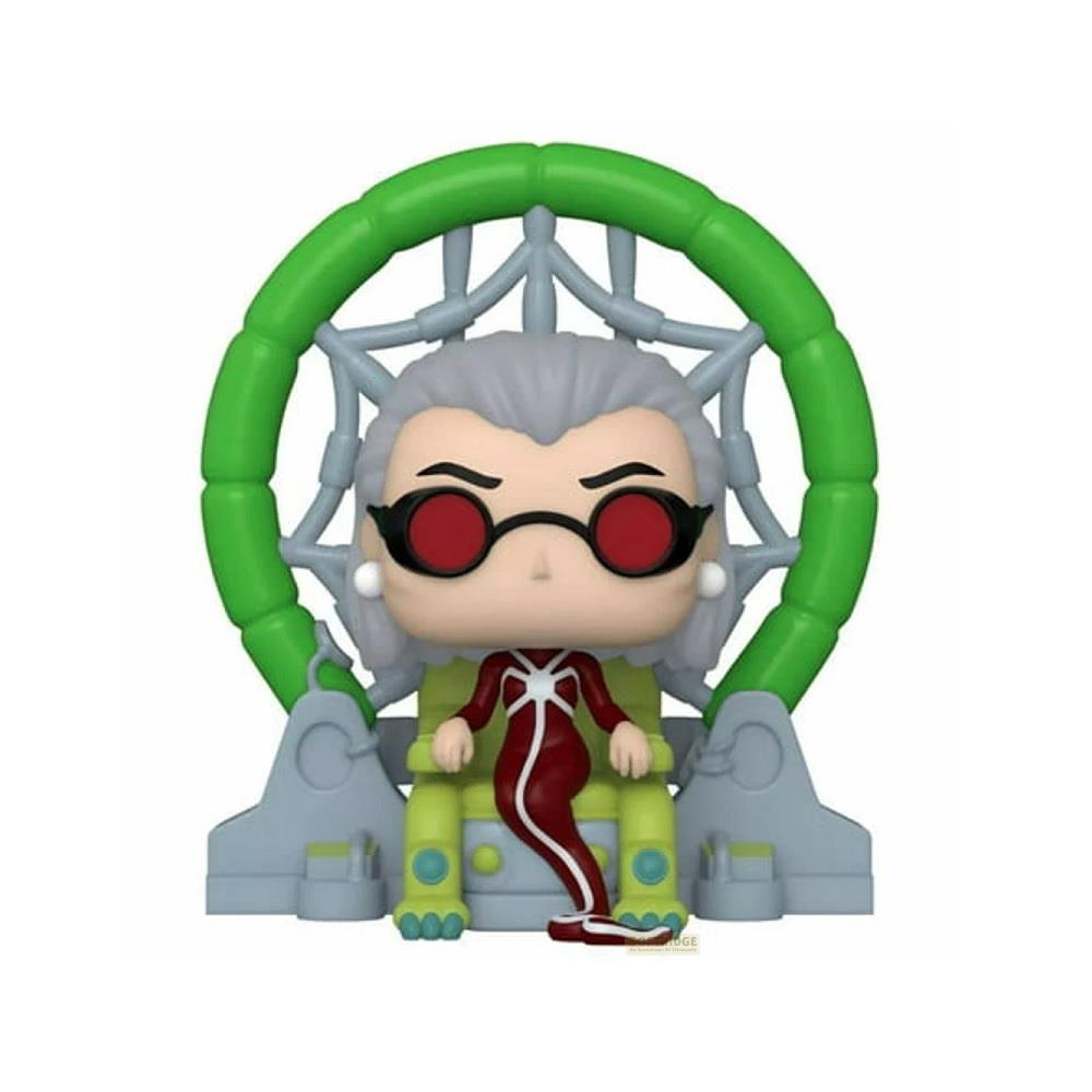 Funko Pop di Madame Web seduta su un trono con sfondo a ragnatela verde.