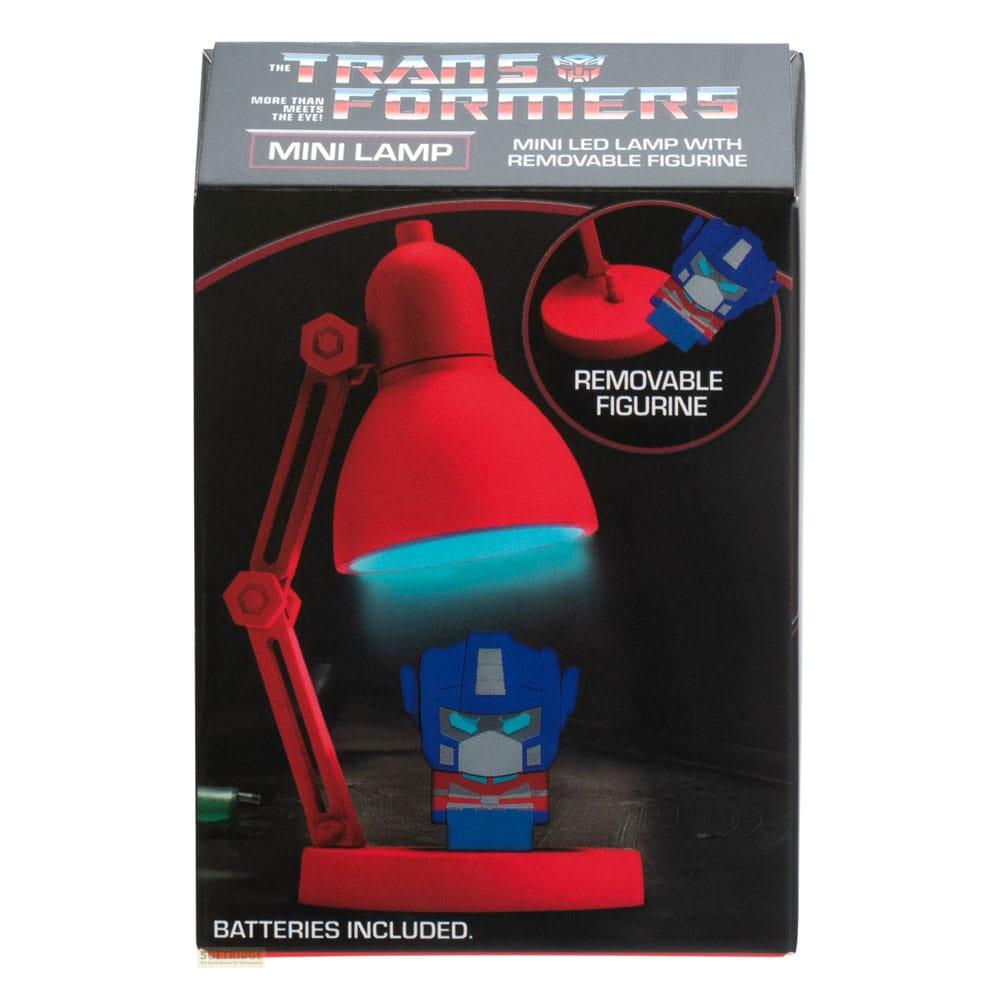 Transformers Mini-LED-Lampe mit Optimus Prime Figur. Rote Lampe, blaues Licht.
