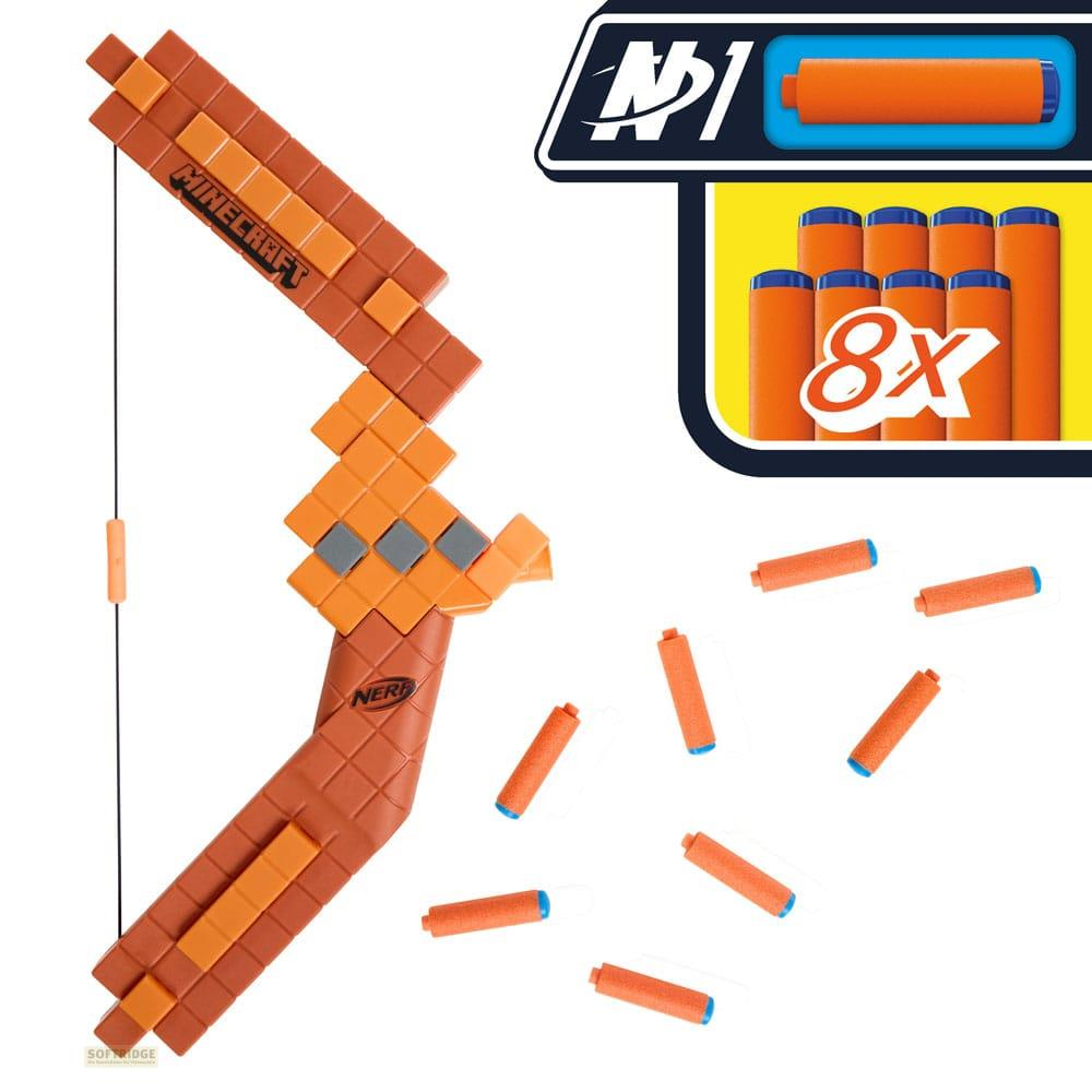Un arco Nerf de Minecraft con dardos naranjas y un símbolo 8X.