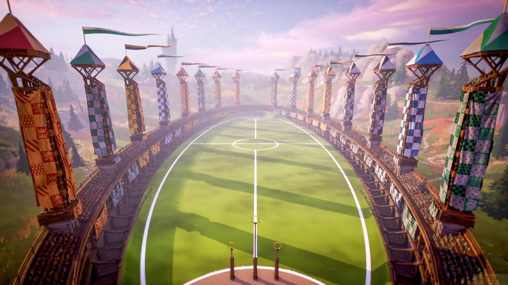 Ein Quidditch-Stadion mit bunten Bannern und Zuschauern unter einem rosa Himmel.