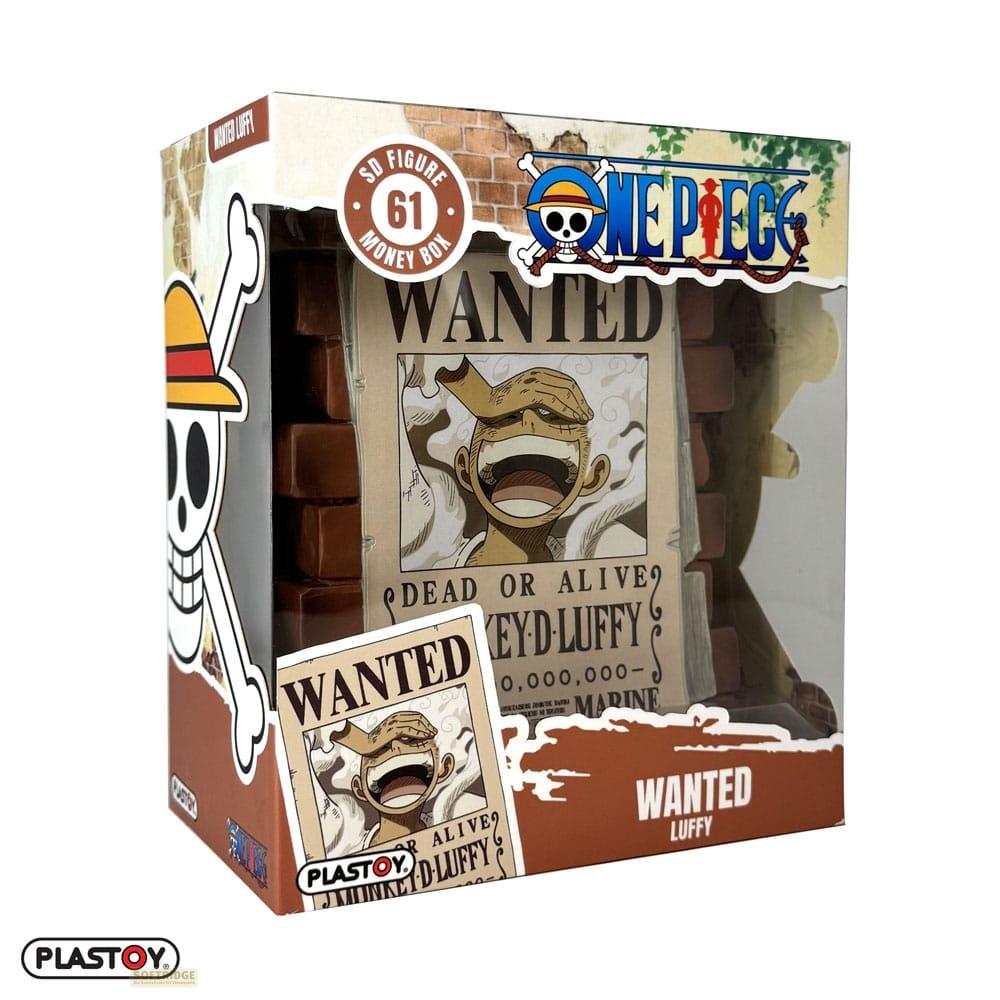 Caja de dinero con póster de "Se Busca" de One Piece con Monkey D. Luffy, con figura de Luffy al lado.