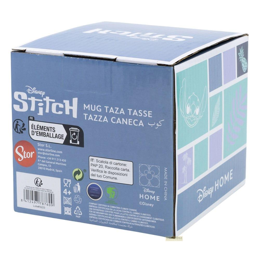 Disney Stitch Tassenkarton mit Produktinfos, Recycling-Symbolen und Charakterkunst.