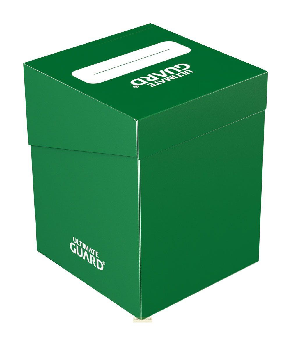 Boîte de rangement verte avec logo Ultimate Guard sur le devant et le dessus. Fente blanche sur le dessus.